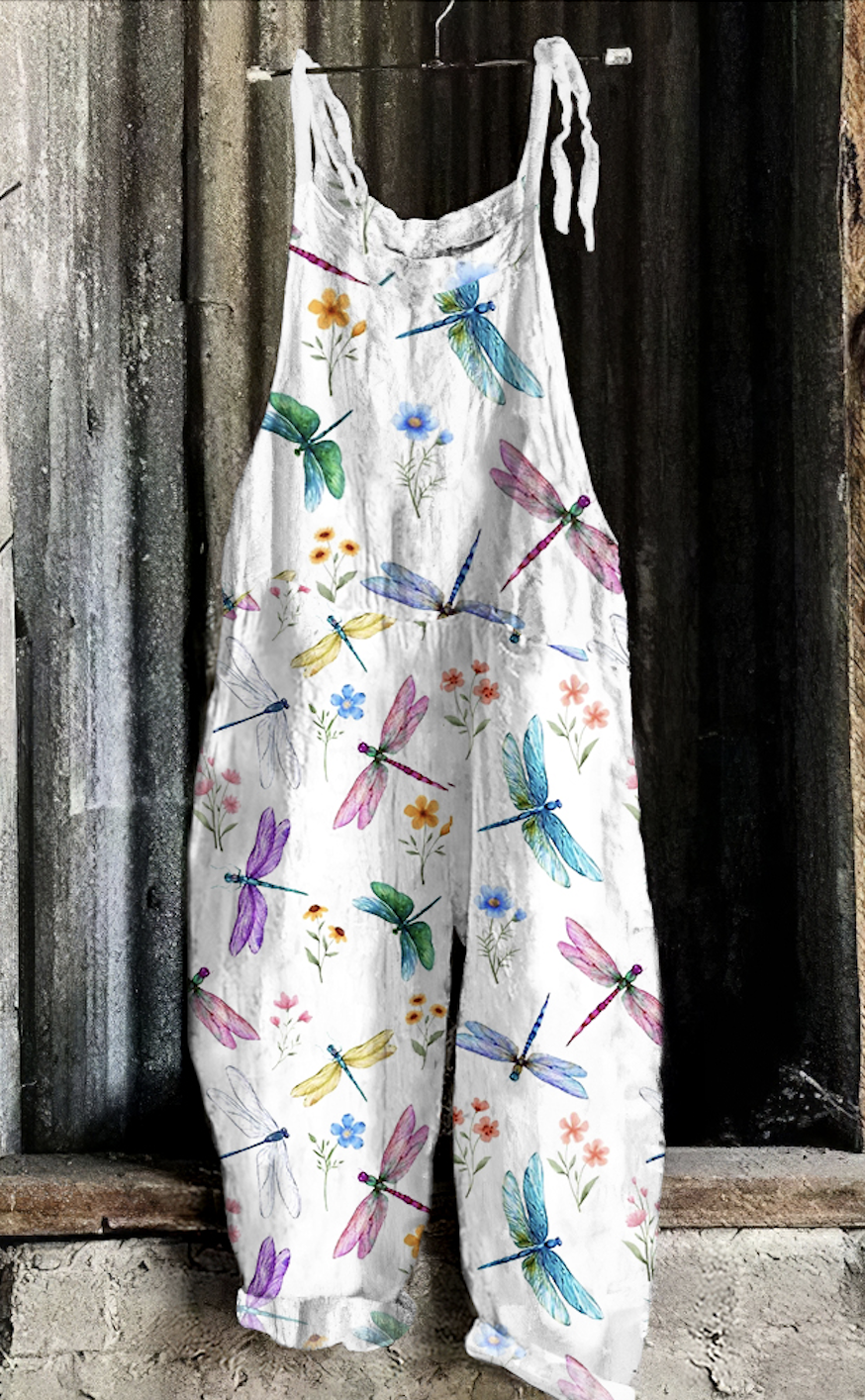 Dragonfly pattern comfortable casual cotton and linen jumpsuit