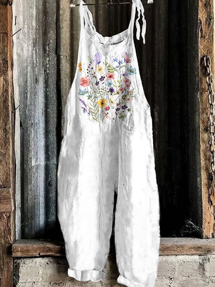 Floral comfortable casual cotton linen jumpsuit