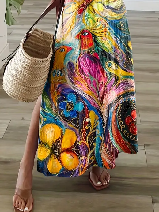 Women's Spring Summer Floral Dragonfly Print Casual V Neck Short Sleeve Dress