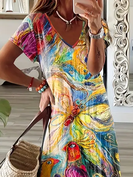 Women's Spring Summer Floral Dragonfly Print Casual V Neck Short Sleeve Dress