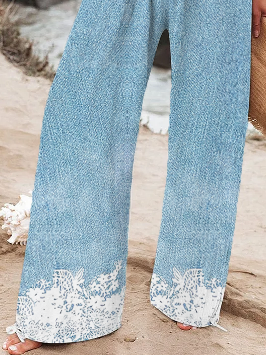 Women's  H-Line Baggy Pants Daily Going Out Pants Blue Casual Printing Faux Denim Print Graphic Spring/Fall Pants