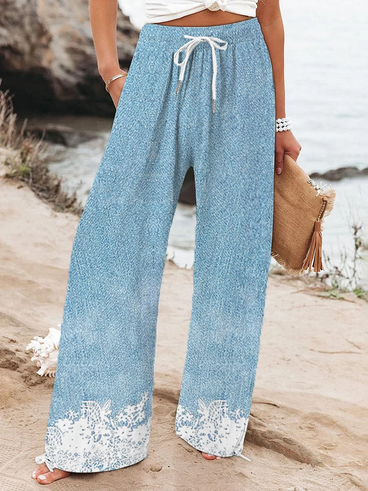 Women's  H-Line Baggy Pants Daily Going Out Pants Blue Casual Printing Faux Denim Print Graphic Spring/Fall Pants