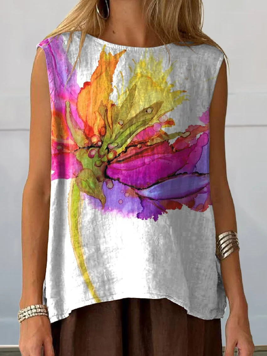 Women's Sleeveless Tank Top Summer White Floral Printing Crew Neck Daily Going Out Casual Top