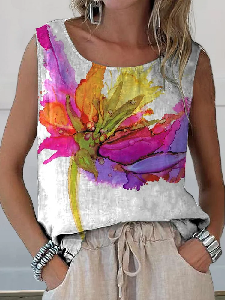 Women's Sleeveless Tank Top Summer White Floral Printing Crew Neck Daily Going Out Casual Top