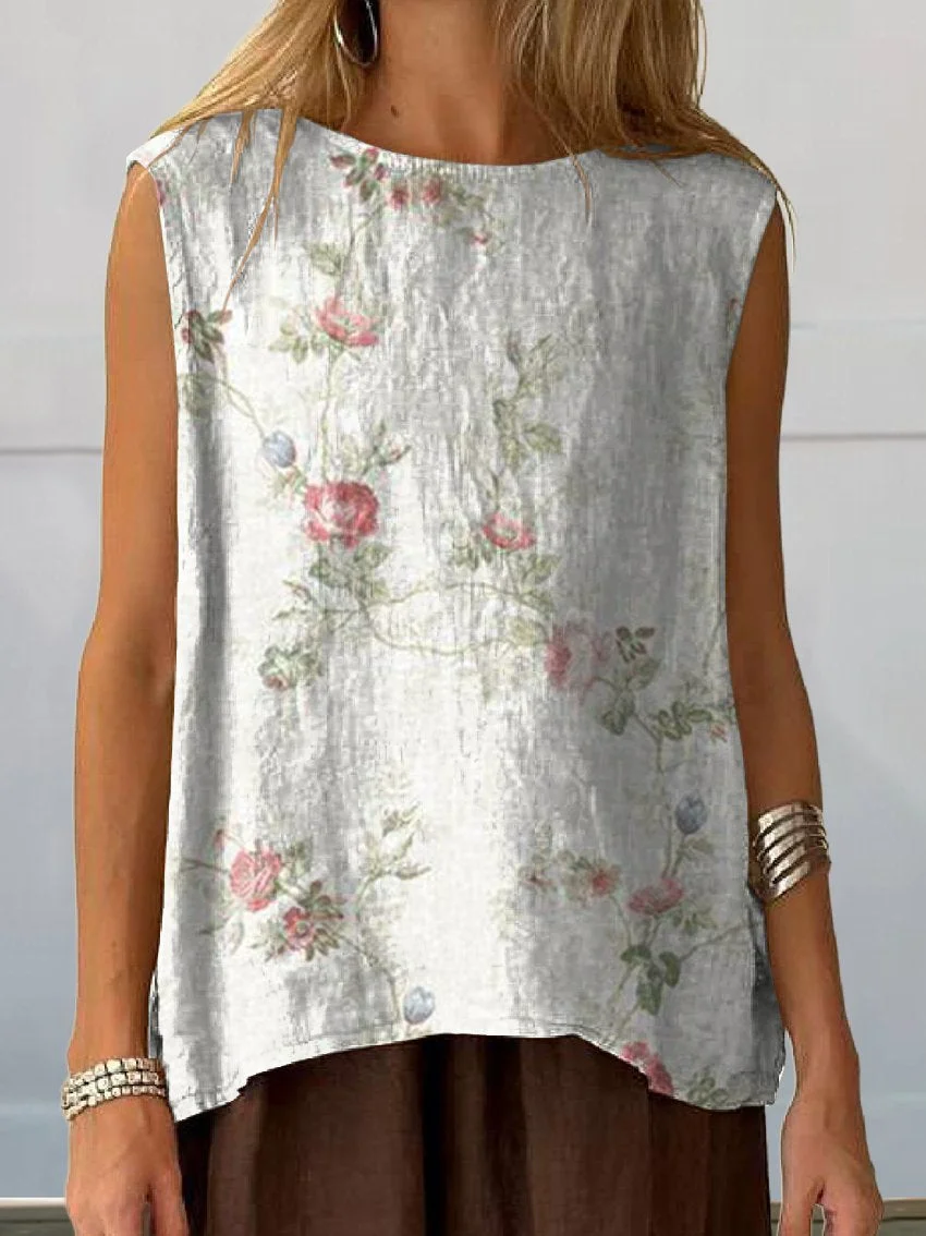 Women's Sleeveless Tank Top Summer White Floral Printing Crew Neck Daily Going Out Casual Top