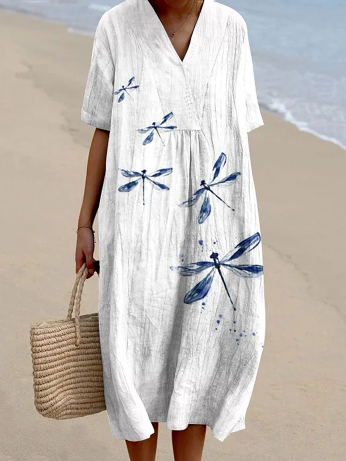 Crew Neck Dragonfly Vacation Dress With No