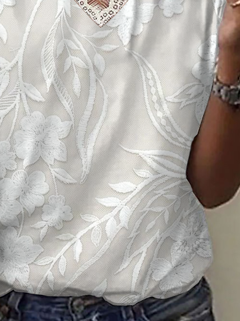 Women's Short Sleeve T-shirt Summer White Floral Printing V Neck Daily Going Out Casual Top