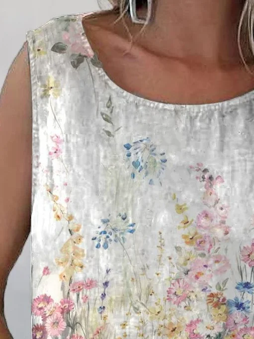 Women's Sleeveless Tank Top Summer White Floral Printing Crew Neck Daily Going Out Casual Top