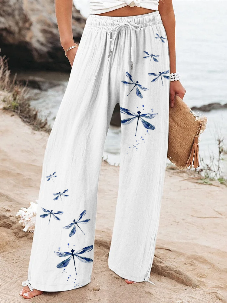 Women's  H-Line Baggy Pants Daily Going Out Pants White Casual Printing Dragonfly Spring/Fall Pants