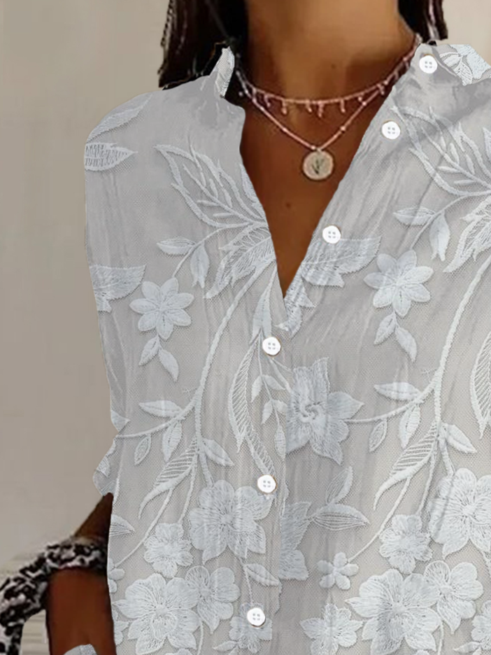 Women's Long Sleeve Shirt Spring/Fall White Floral Buckle Shirt Collar Daily Going Out Casual Top