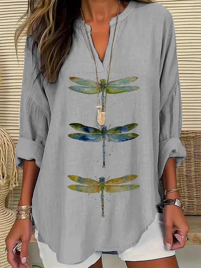Women's Dragonfly Print Spring V-Neck Casual Shirt