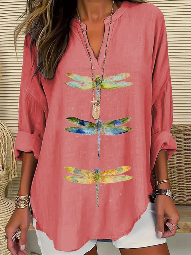 Women's Dragonfly Print Spring V-Neck Casual Shirt