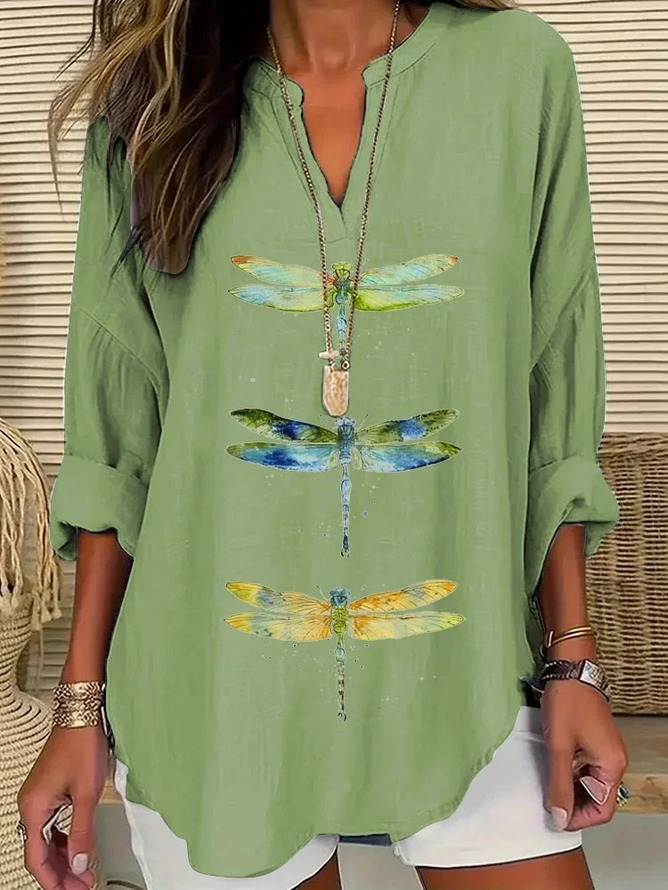 Women's Dragonfly Print Spring V-Neck Casual Shirt