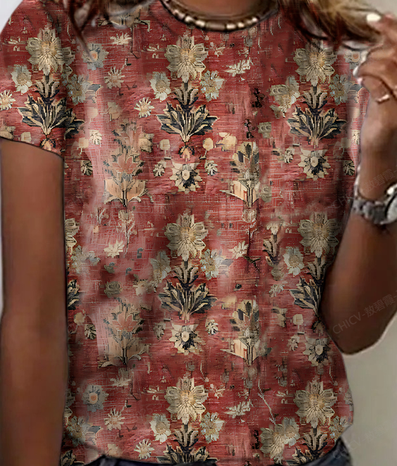 Women's Vintage Bohemian Floral Print Cotton T-Shirt
