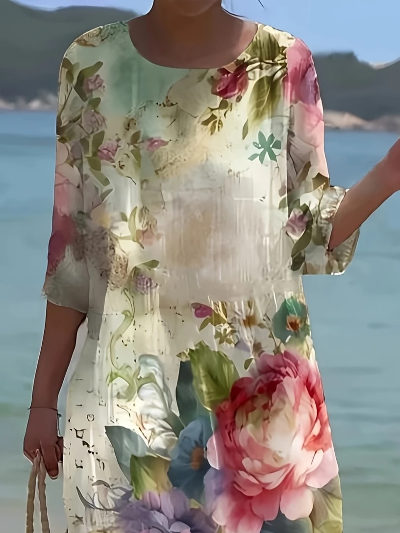 Women's Floral Print Spring Crew Neck Dress
