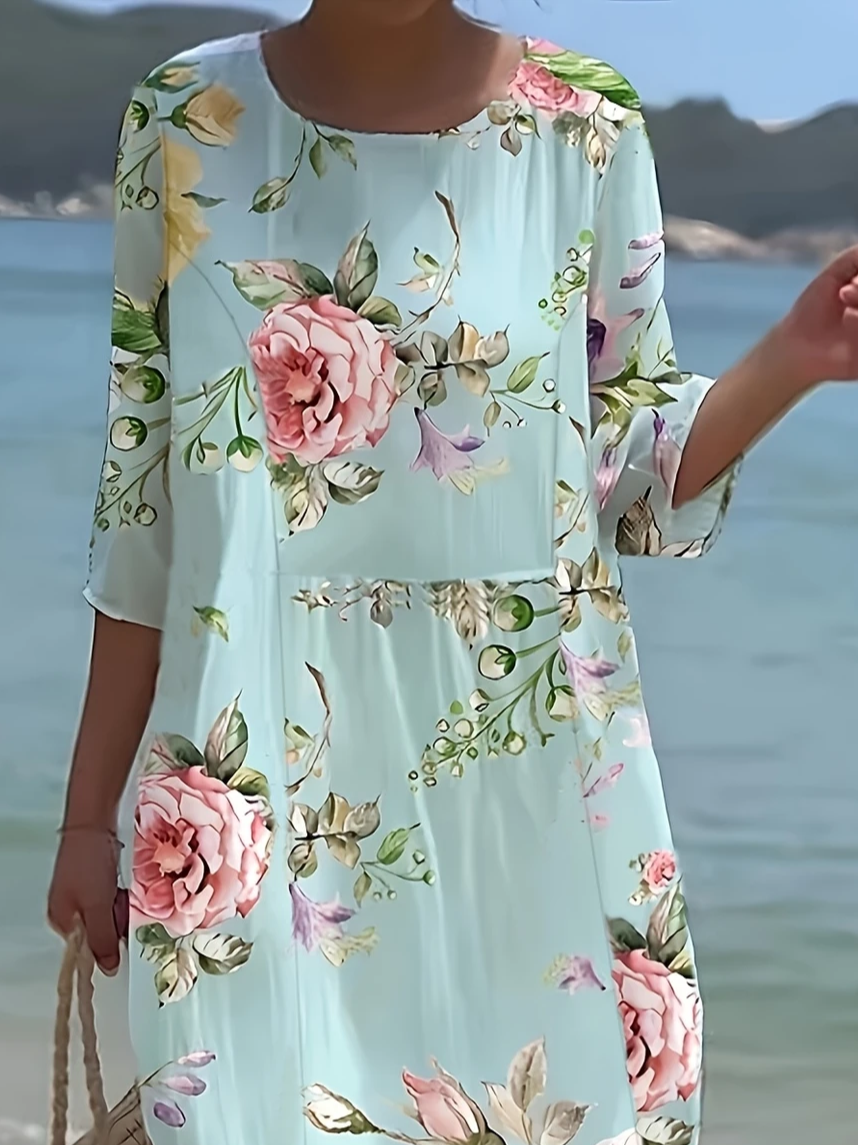 Women's Floral Print Spring Crew Neck Dress
