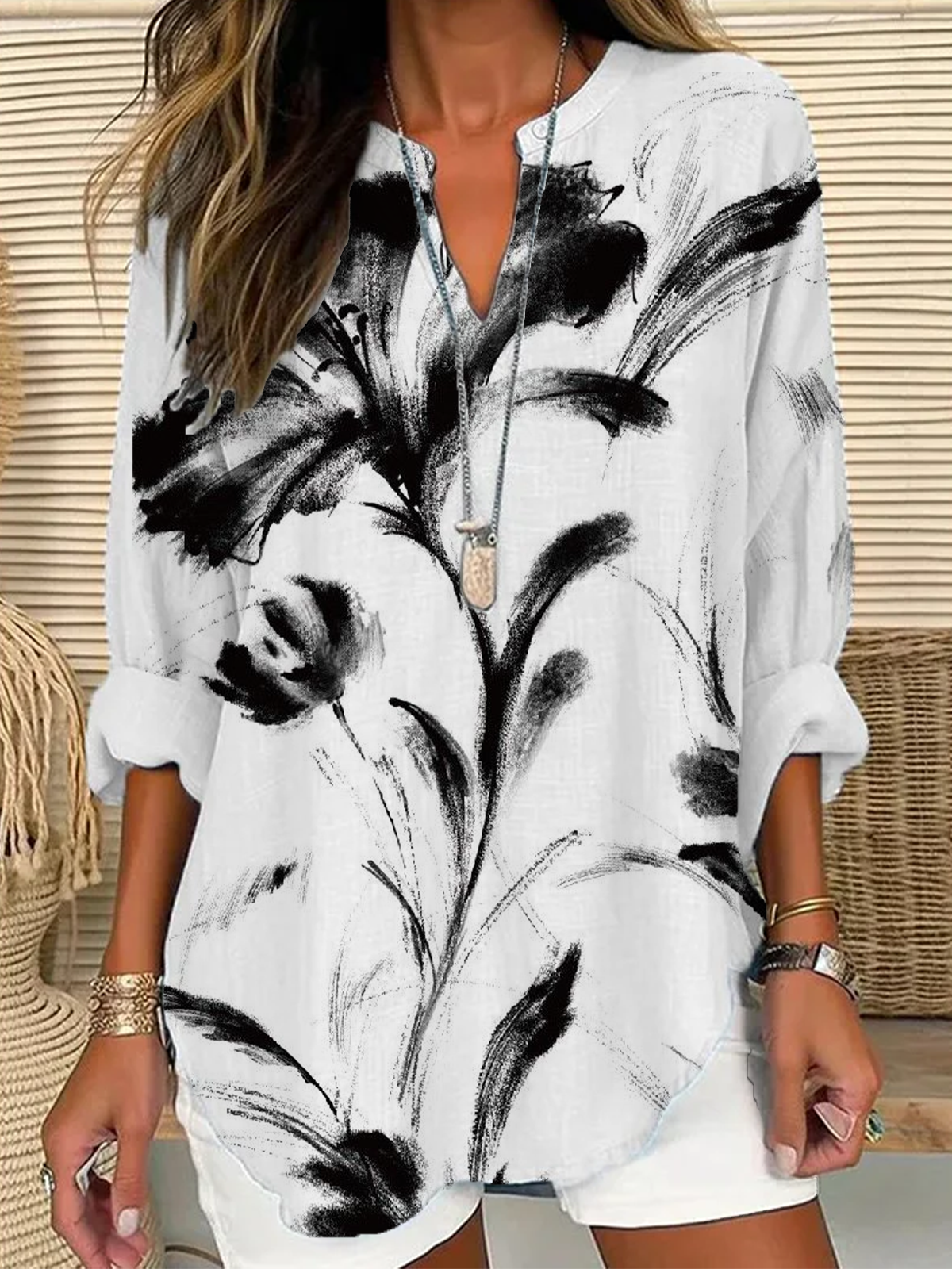 Women's Floral Print Casual V-Neck Shirt