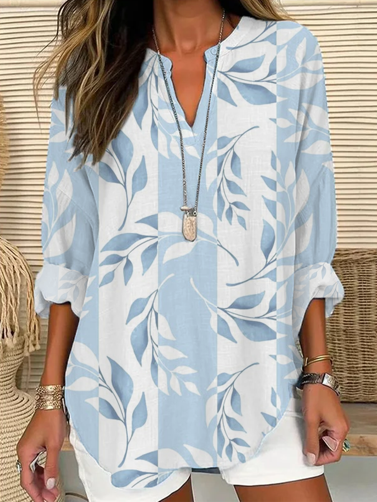 Women's Floral Print Casual V-Neck Shirt