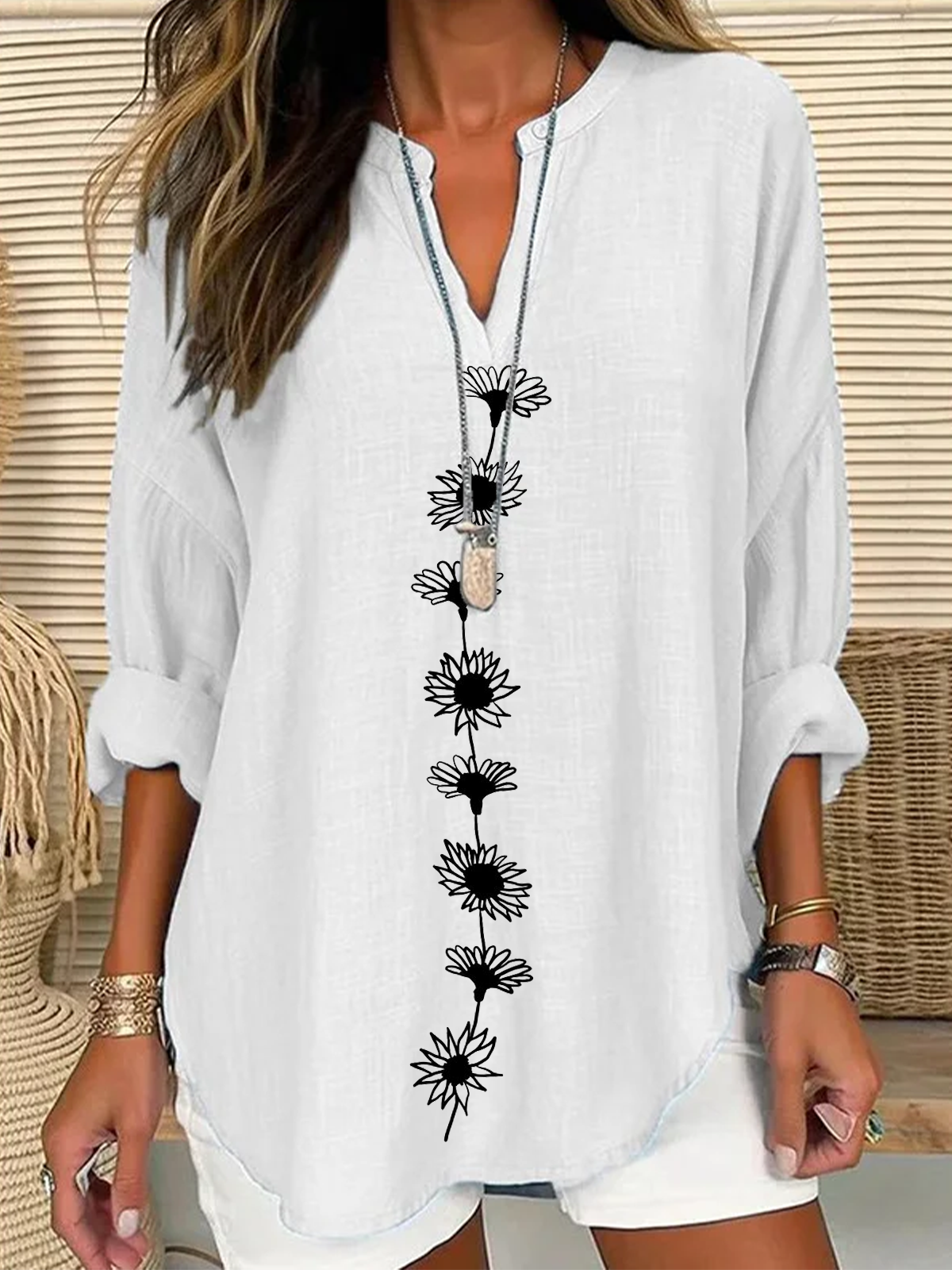 Women's Floral Print Casual V-Neck Shirt