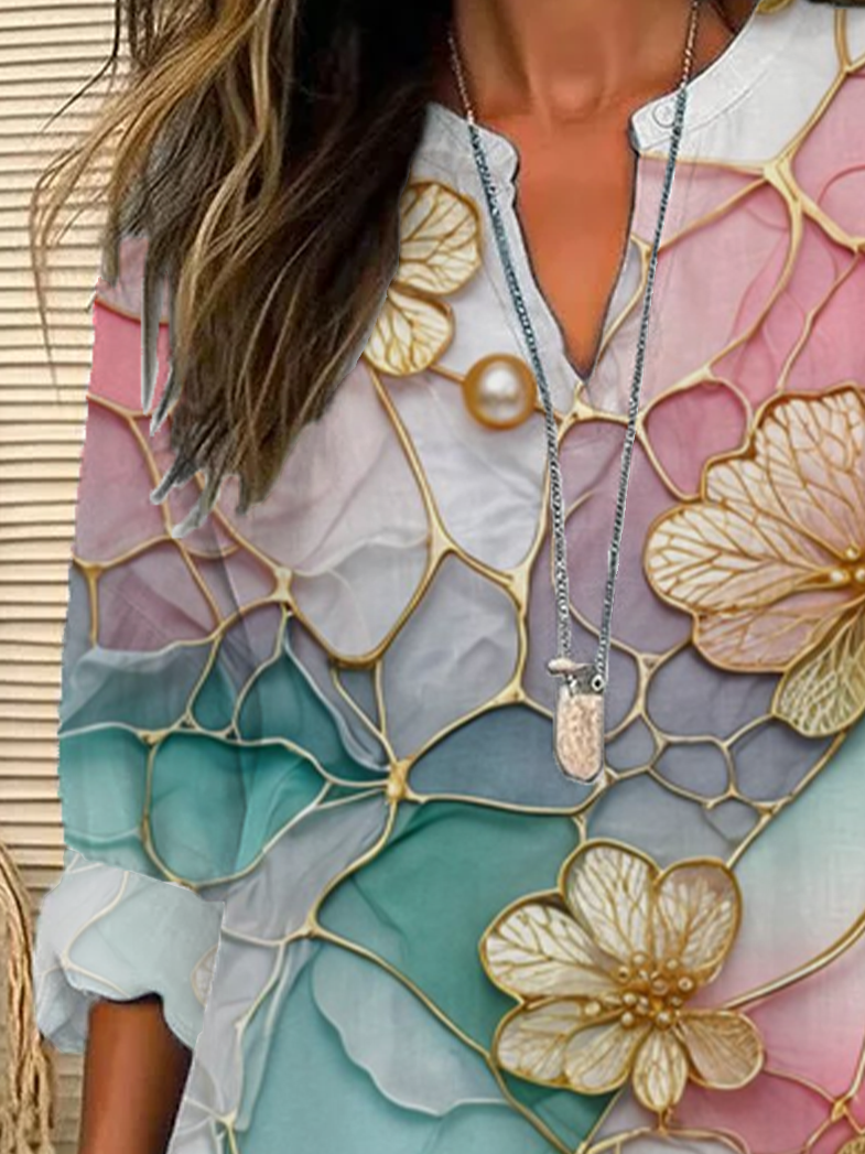 Women's Floral Print Casual V-Neck Shirt