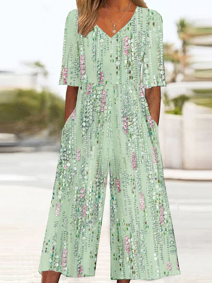 Gradient Pattern Loose Vintage V Neck Jumpsuit