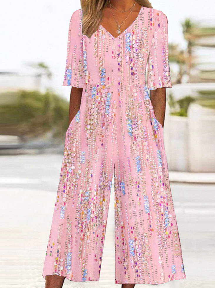 Gradient Pattern Loose Vintage V Neck Jumpsuit