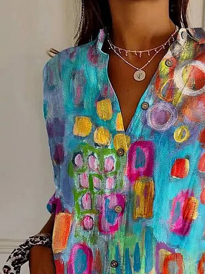 Women's Long Sleeve Shirt Spring/Fall As Picture Abstract Buckle Shirt Collar Daily Going Out Casual Top