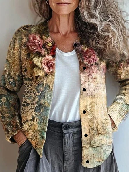 Ethnic Crew Neck Psychedelic Art Cardigan