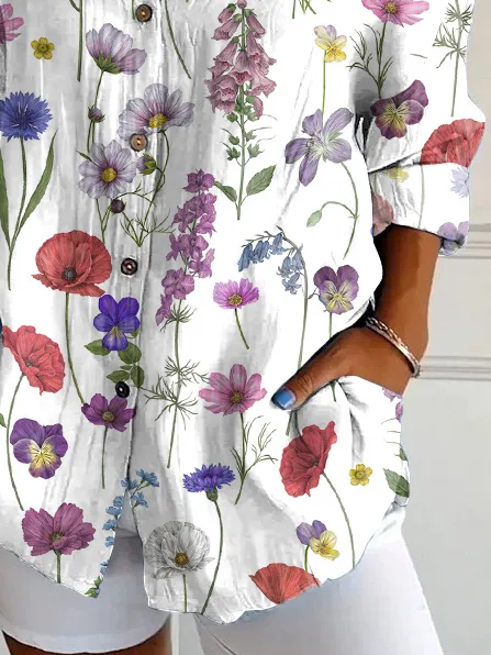 Women's Long Sleeve Shirt Spring/Fall White Floral Buckle Shirt Collar Daily Going Out Casual Top