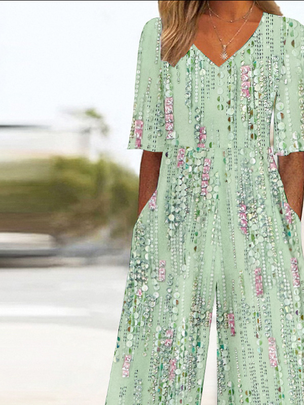 Gradient Pattern Loose Vintage V Neck Jumpsuit