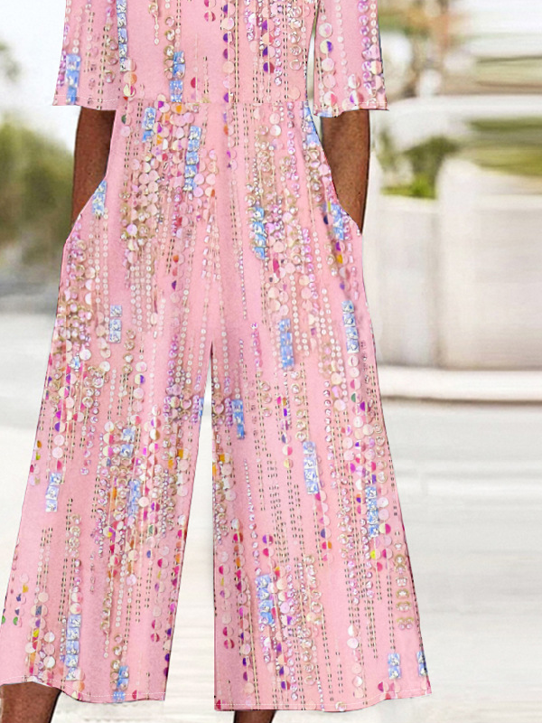 Gradient Pattern Loose Vintage V Neck Jumpsuit