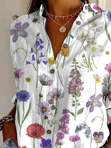 Women's Long Sleeve Shirt Spring/Fall White Floral Buckle Shirt Collar Daily Going Out Casual Top