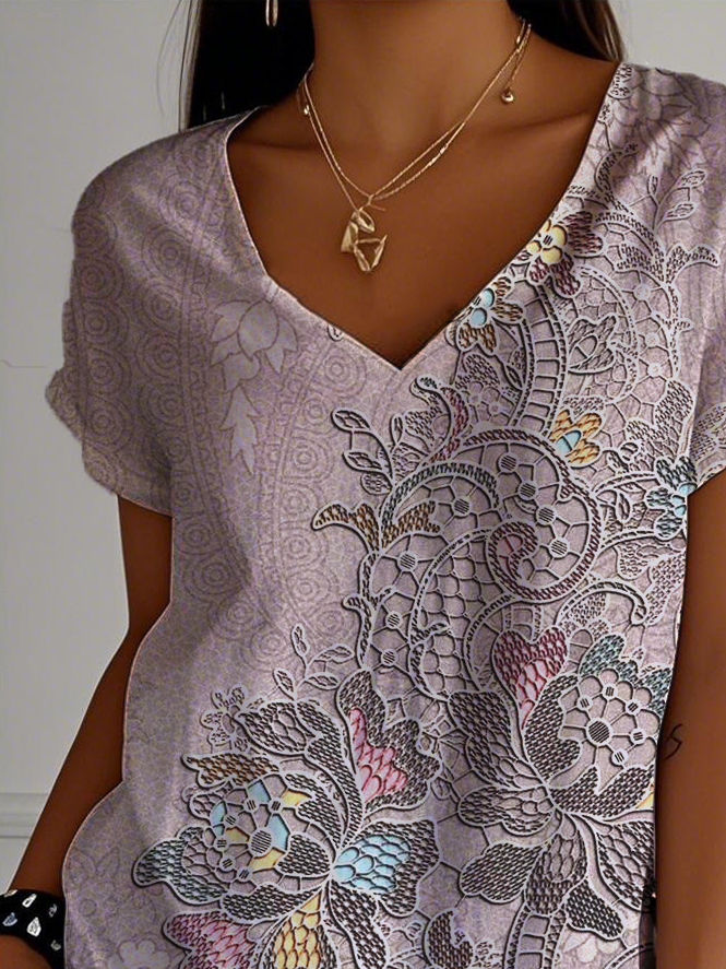 Jersey Paisley V Neck Casual T-Shirt