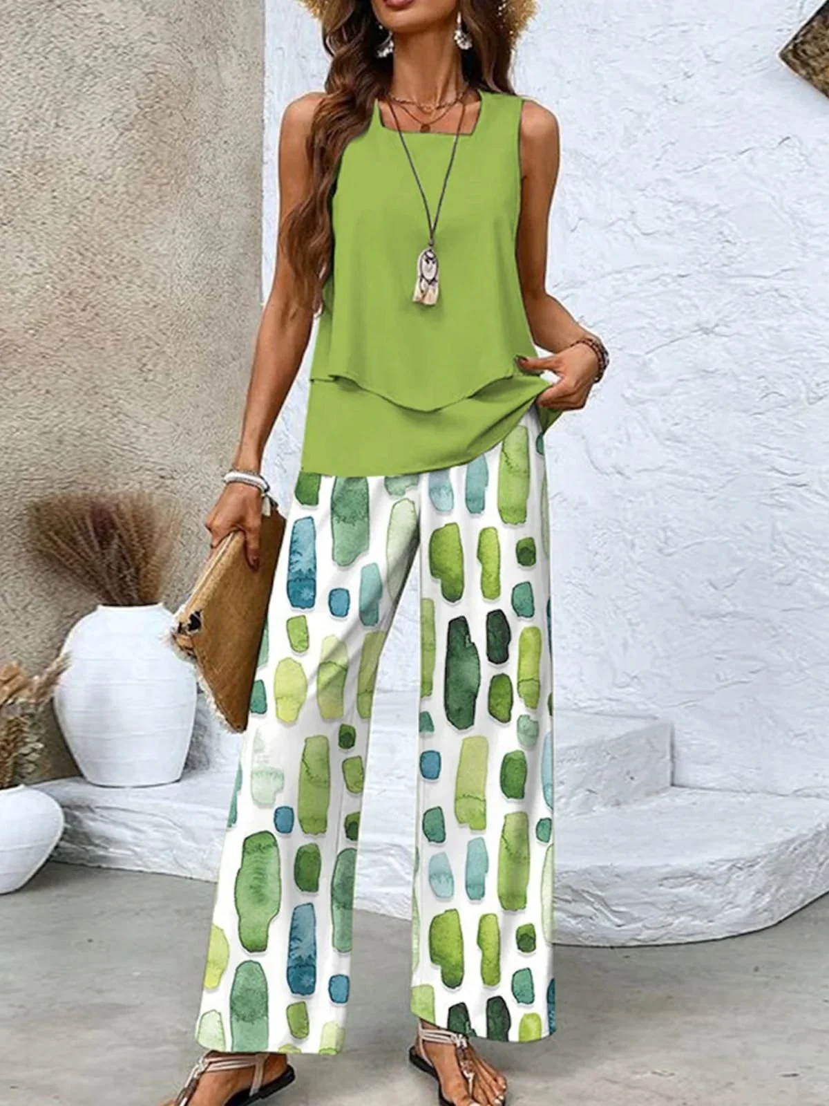 Women Crew Neck Comfy Casual Printing Top With Pants Two-Piece Set