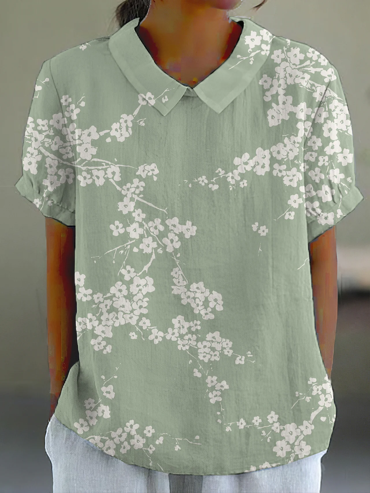 Comstylish Cherry Blossom Japanese Print Casual Cotton Linen Shirt