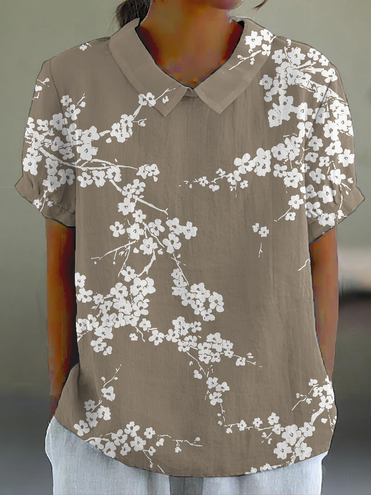 Comstylish Cherry Blossom Japanese Print Casual Cotton Linen Shirt