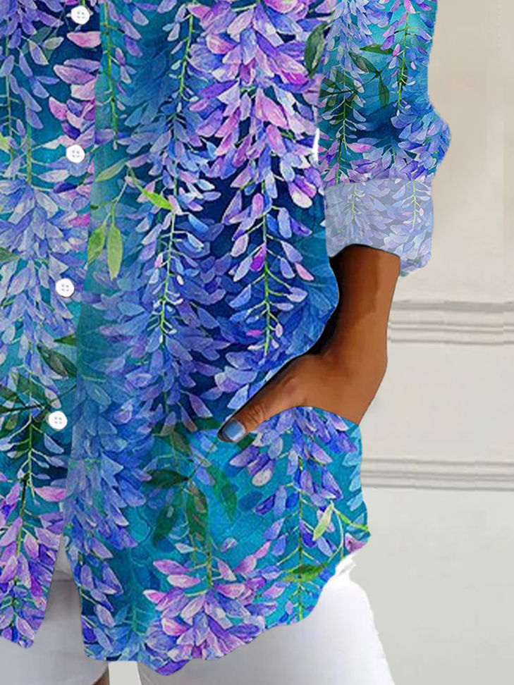 Women's Long Sleeve Shirt Spring/Fall Blue Purple Floral Buckle Shirt Collar Daily Going Out Casual Top