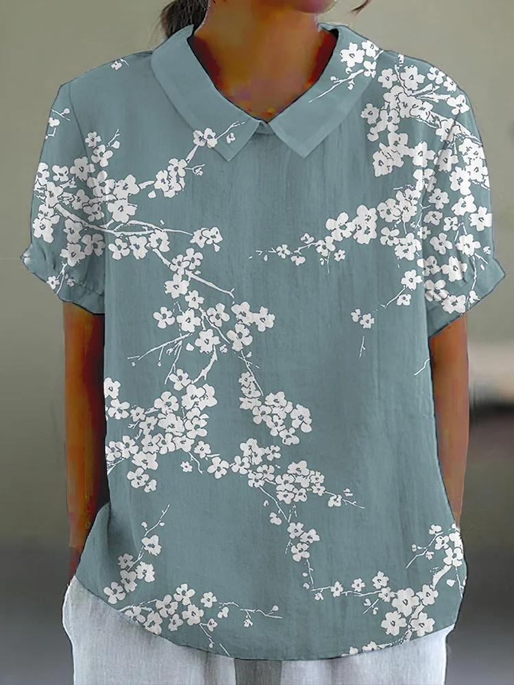Comstylish Cherry Blossom Japanese Print Casual Cotton Linen Shirt