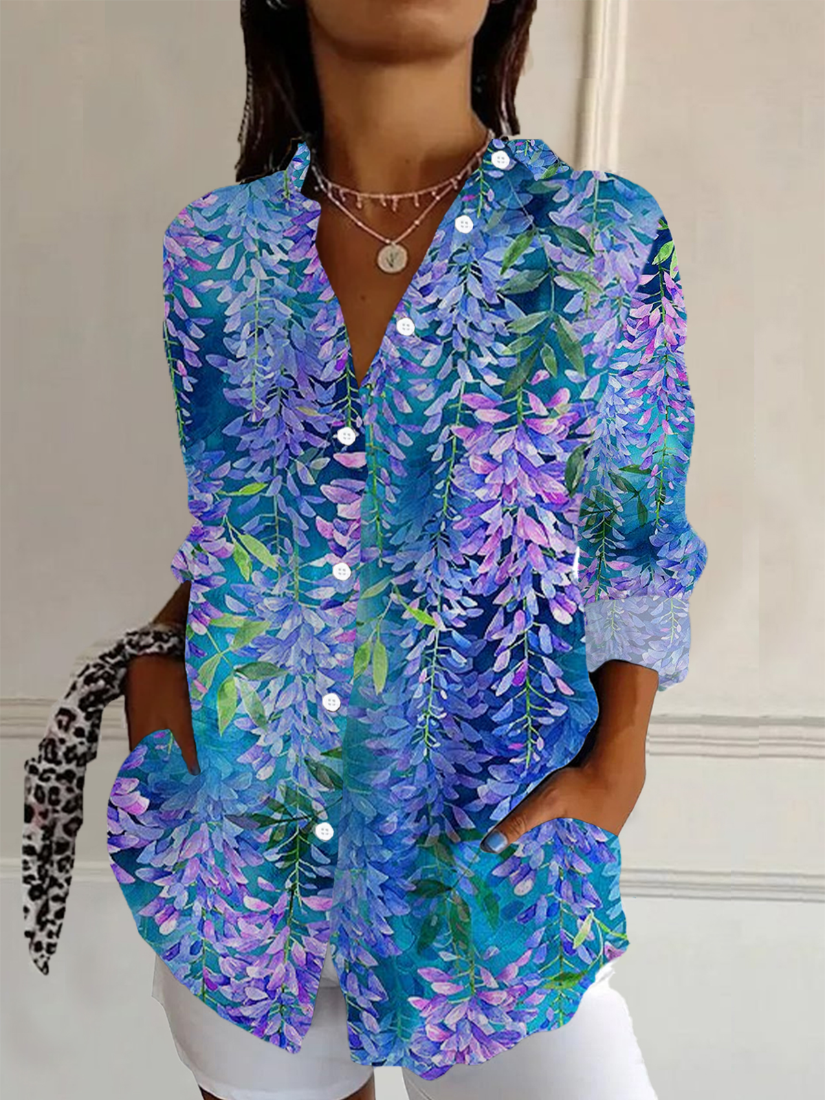 Women's Long Sleeve Shirt Spring/Fall Blue Purple Floral Buckle Shirt Collar Daily Going Out Casual Top