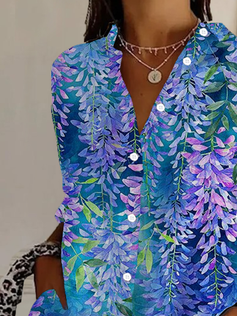 Women's Long Sleeve Shirt Spring/Fall Blue Purple Floral Buckle Shirt Collar Daily Going Out Casual Top