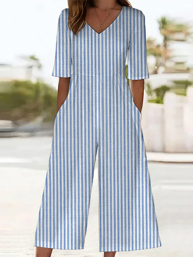 Women's H-Line V Neck Daily Going Out Casual Printing Striped Summer Ankle Pants Jumpsuit Romper