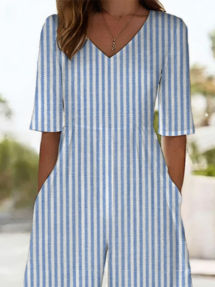 Women's H-Line V Neck Daily Going Out Casual Printing Striped Summer Ankle Pants Jumpsuit Romper