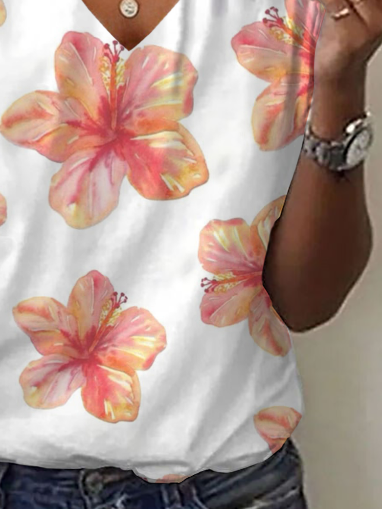 Women's Floral Print Casual V-Neck Short Sleeve T-Shirt