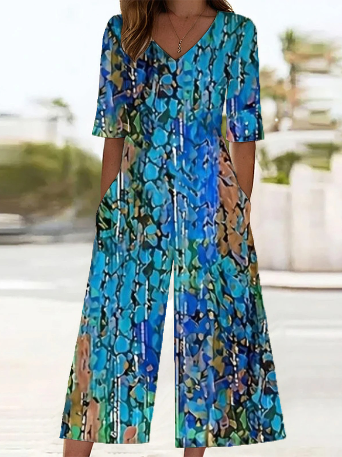 Women's H-Line V Neck Daily Going Out Casual Printing Abstract Summer Ankle Pants Jumpsuit Romper