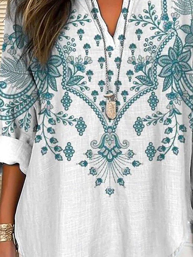 Cotton Nationality/Ethnic Casual Shawl Collar Blouse