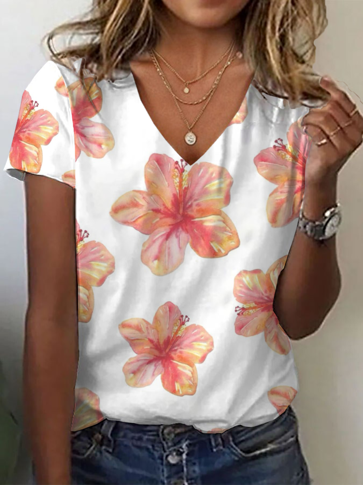 Women's Floral Print Casual V-Neck Short Sleeve T-Shirt
