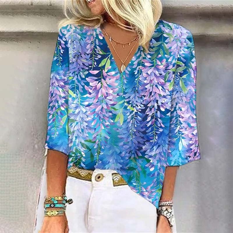 Boho Shawl Collar Floral Loose Blouse
