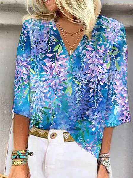 Boho Shawl Collar Floral Loose Blouse