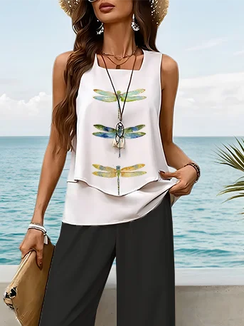 Women's Dragonfly Print Casual Suspender Pants Two-Piece Set