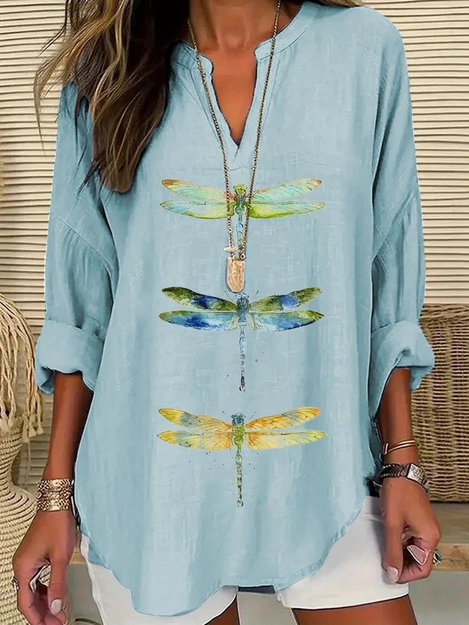 Women's Dragonfly Print Spring V-Neck Casual Shirt